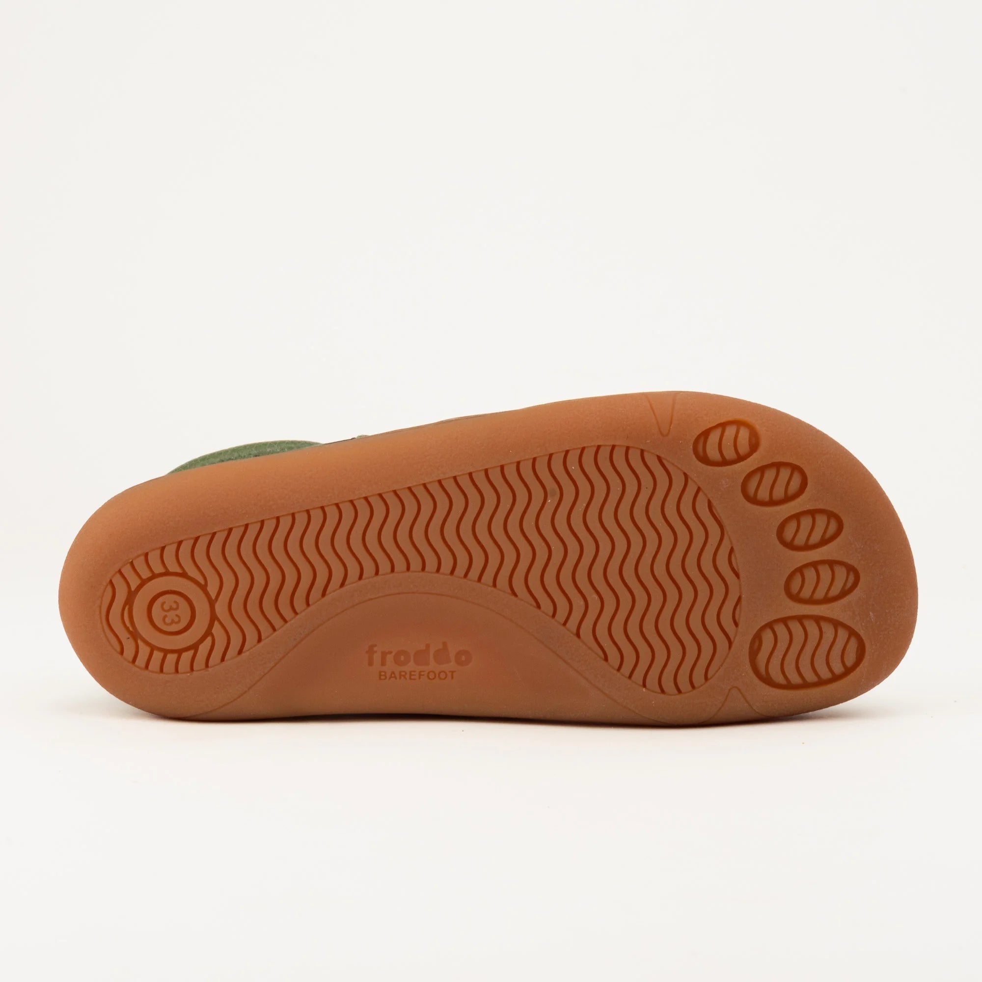Sandàlia barefoot infantil Froddo verda amb doble velcro, pell natural i sola flexible zero drop.