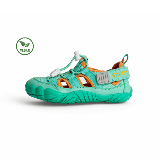 Saguaro Kids Breeze III Cyan, sandàlia barefoot infantil transpirable amb ajust ràpid i sola flexible en color turquesa.