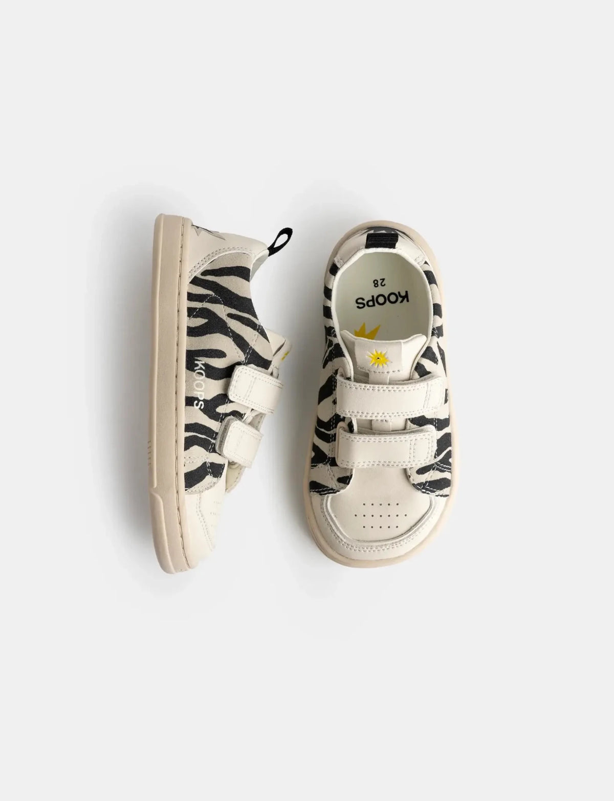 Koops Rafi Cebra, sabata respectuosa infantil amb estampat zebra, doble velcro i sola flexible.